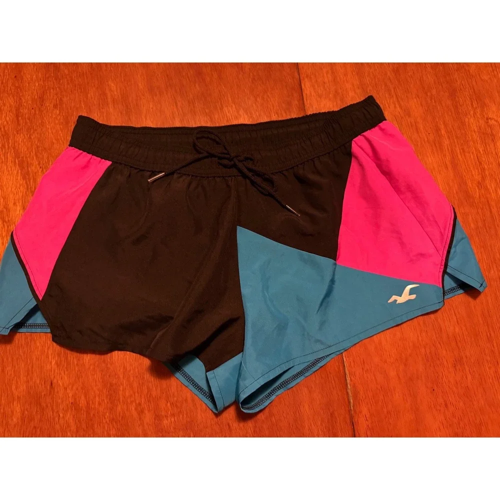Hollister Womens Colorblock Athletic Shorts Black Pink Blue‎ Size S Running Gym